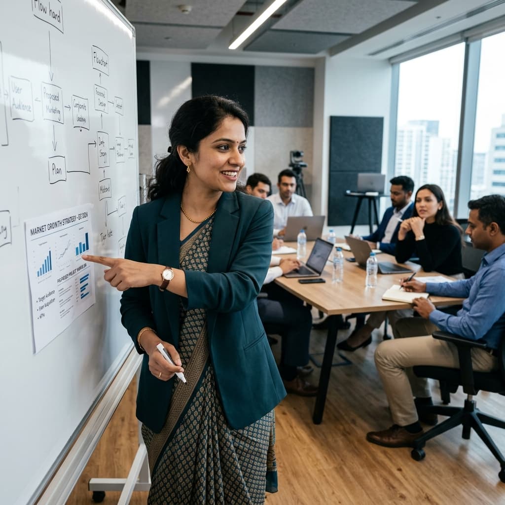 Woman pointing paper on board