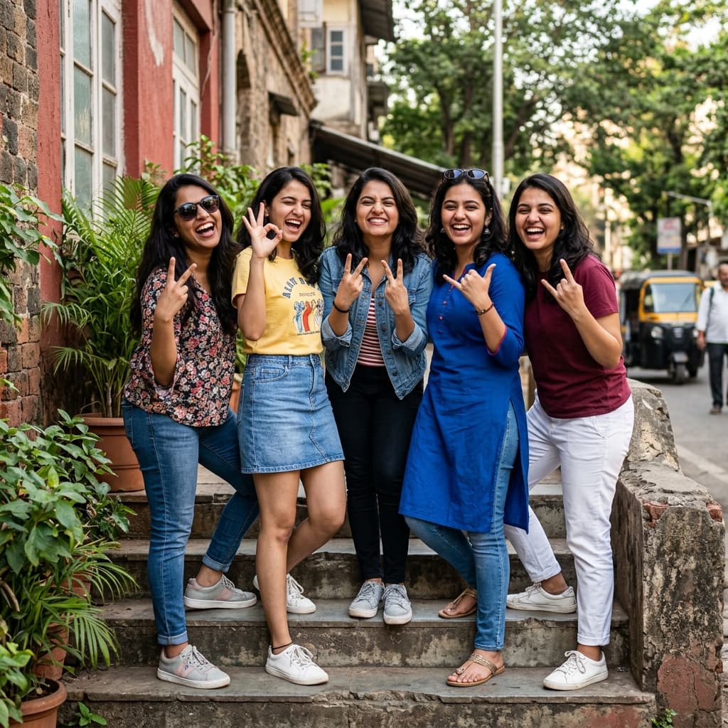 Five young women standing on outdoor steps expressing playful gestures