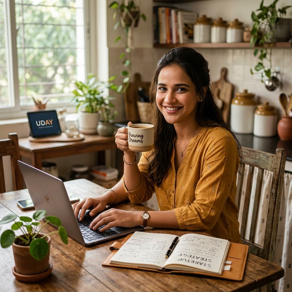 Young Indian woman entrepreneur working at home on her kitchen table