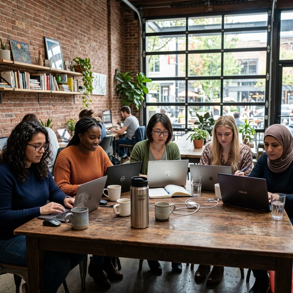 A group of diverse women sitting at a table in a casual workspace