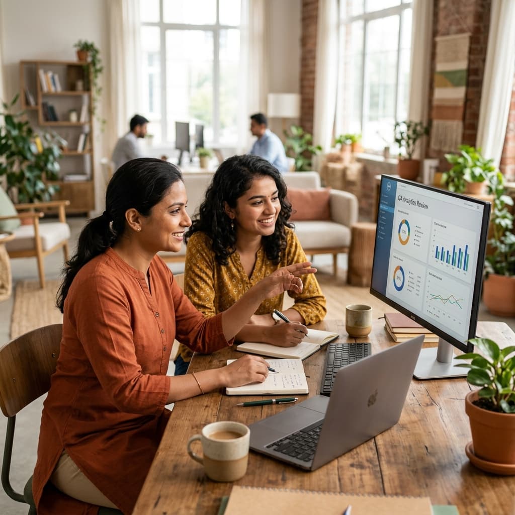 Two women sitting at a table looking at a computer screen