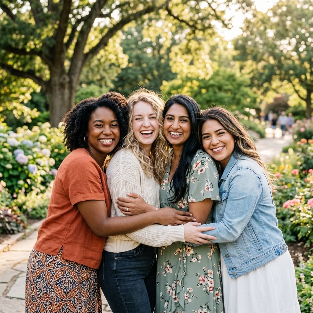 Four diverse women holding each others waist outdoors